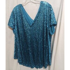 Roaman's Womens Sequin Blouse Plus Size 26W Blue Short Sleeve Festive Holiday